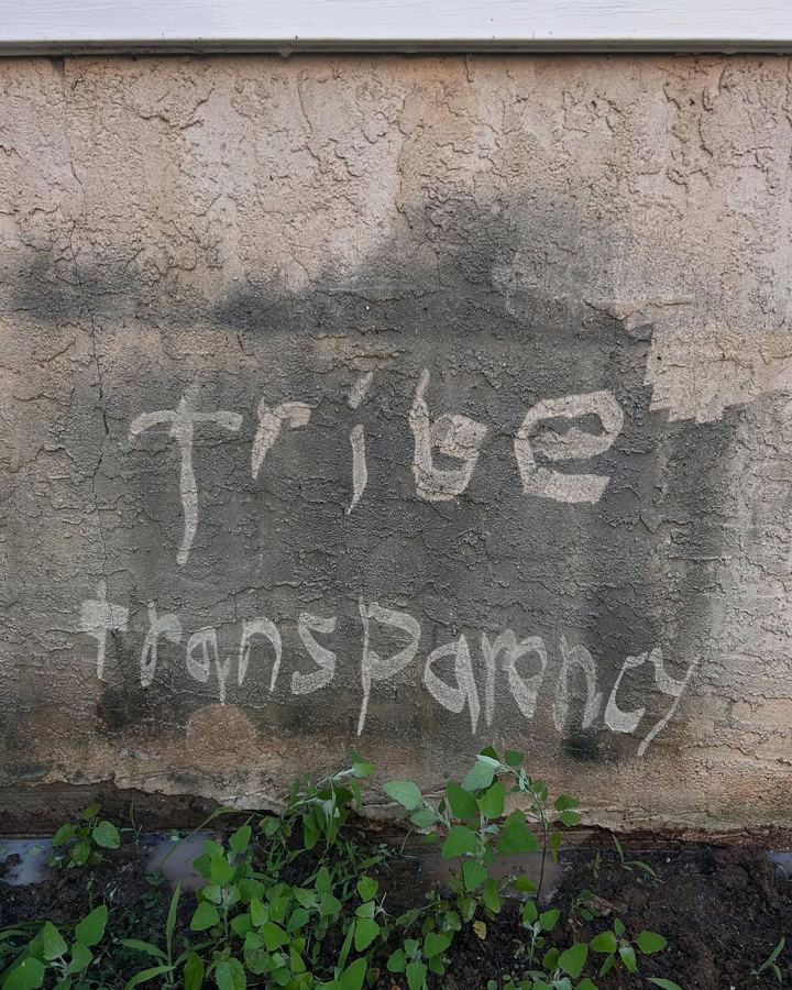 The word Tribe written in grime on a wall before washing